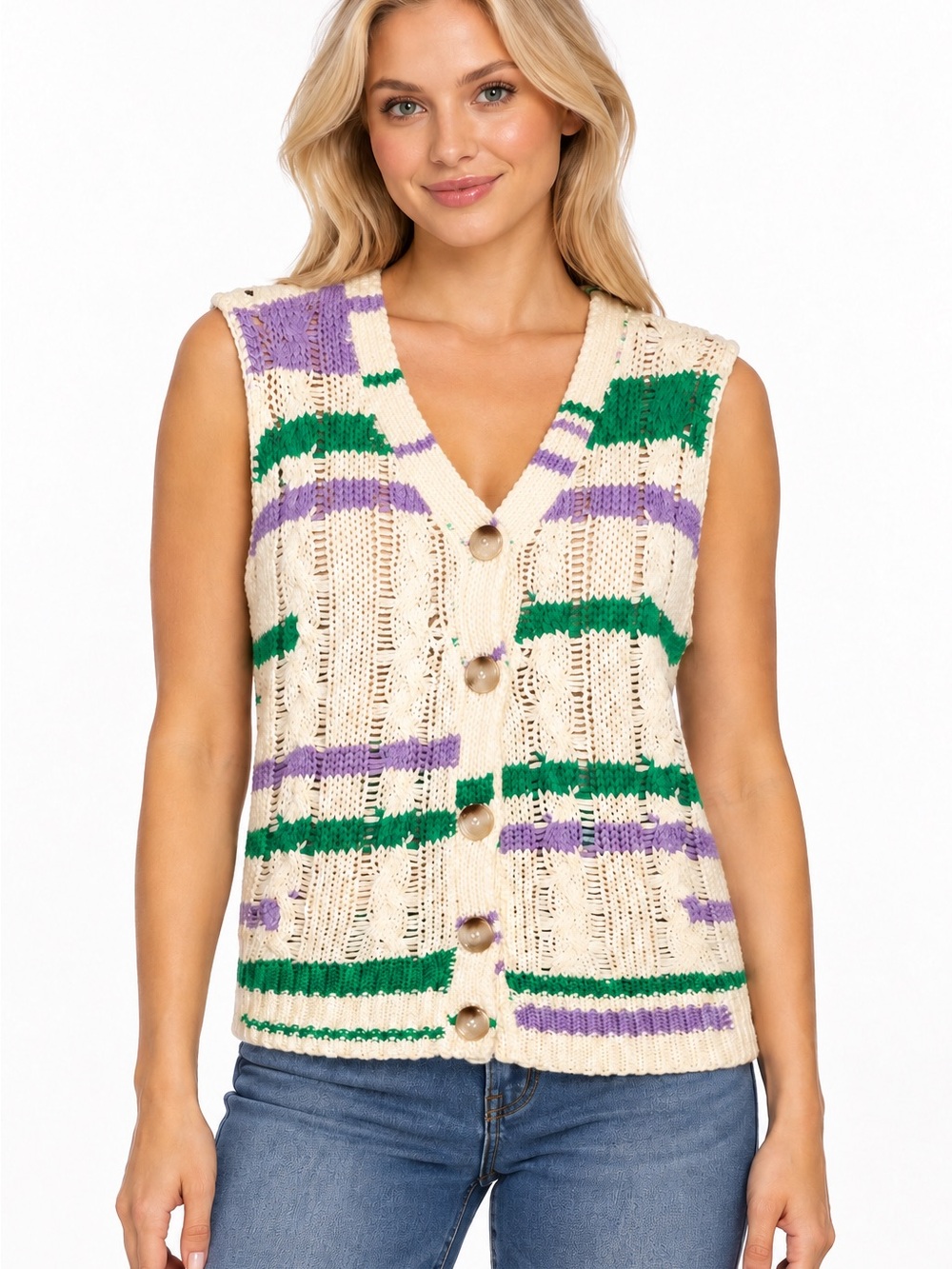 Entro Size Large Cream Knit Button-Front Sweater Vest with Green & Purple Stripe
